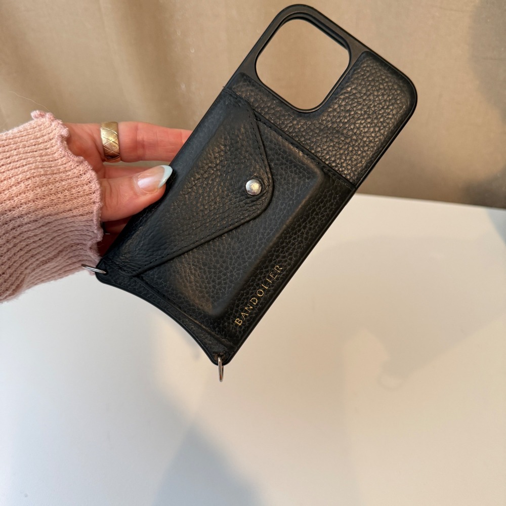 Bandolier Donna Black Pebble Leather Crossbody iPhone Case Card Holder Silver HW
